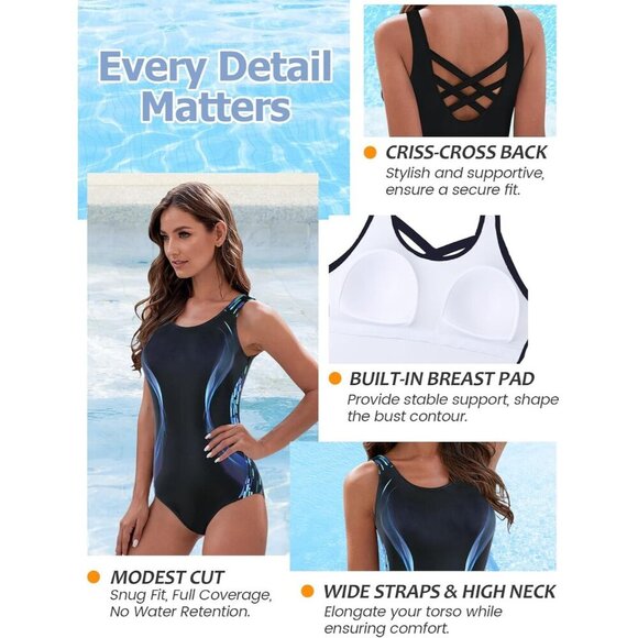 Womens Blue Floral Printed Modest Bathing Suit Quick Dry Full Coverage Swim Suit - Picture 5 of 8